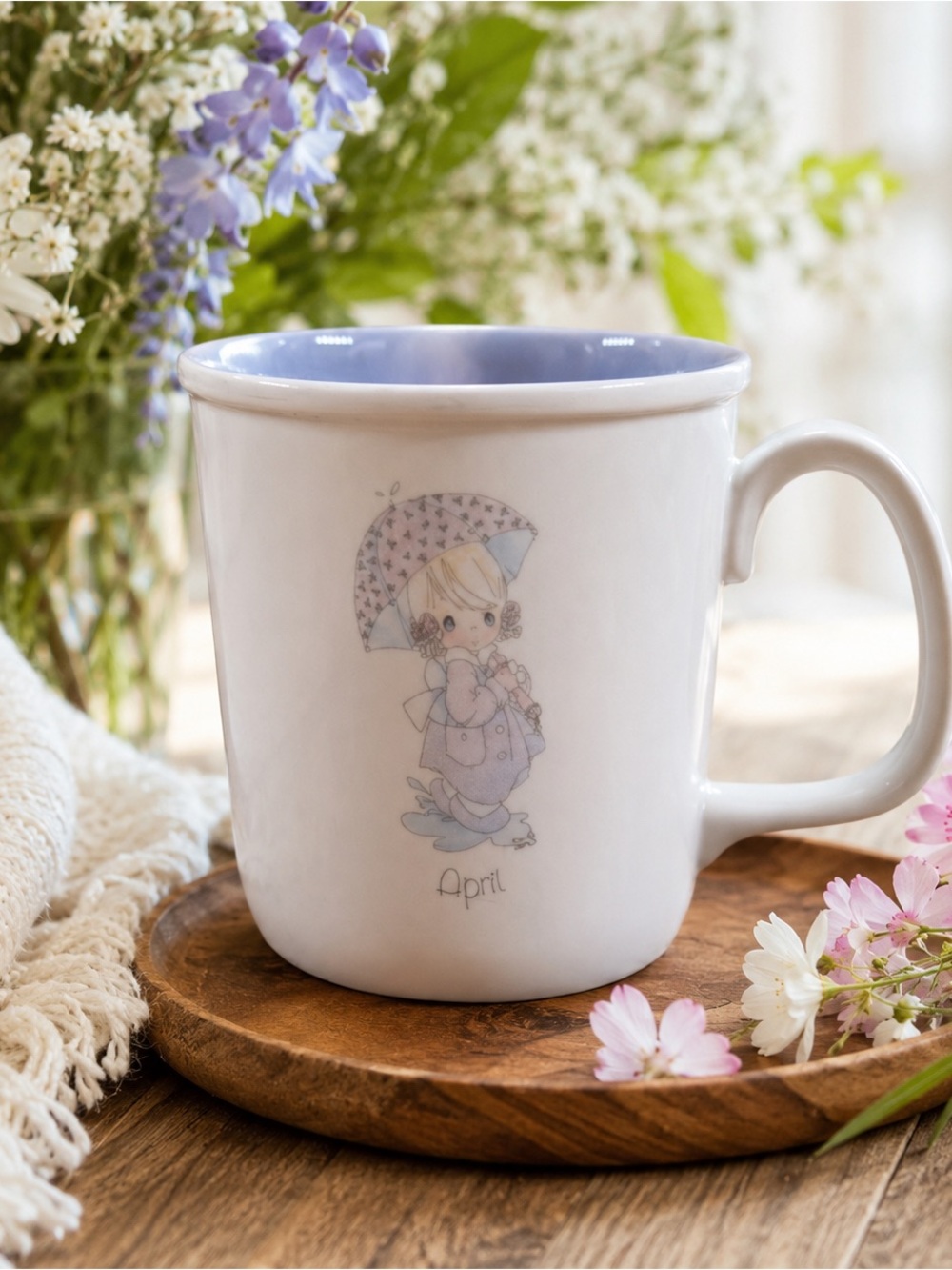 Precious Moments April Birthday Coffee Mug | Vintage Enesco Blue Interior Cup